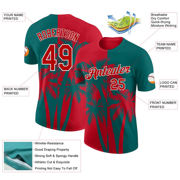 Custom Teal Red-White Hawaii Tropical Coastal Palm Trees Performance T-Shirt alternate