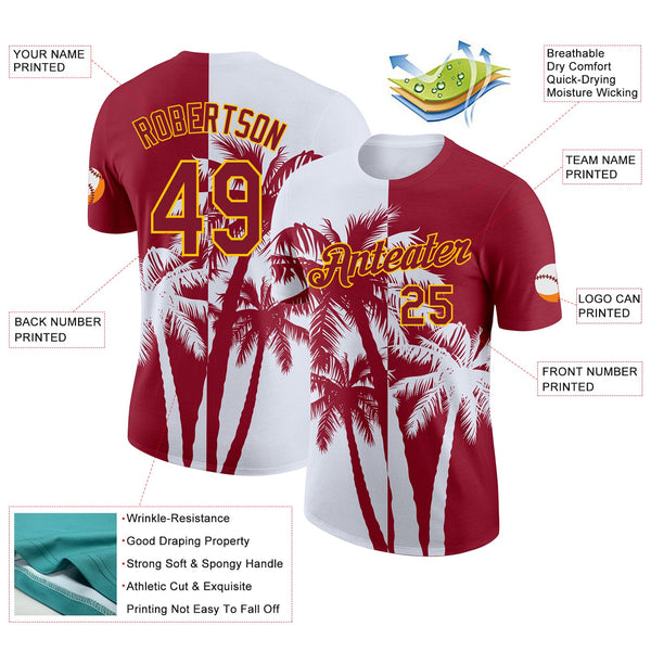 Custom Crimson White-Yellow Hawaii Tropical Coastal Palm Trees Performance T-Shirt alternate