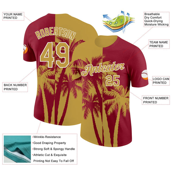 Custom Crimson Old Gold-White Hawaii Tropical Coastal Palm Trees Performance T-Shirt alternate