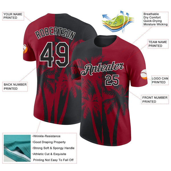 Custom Crimson Black-White Hawaii Tropical Coastal Palm Trees Performance T-Shirt alternate