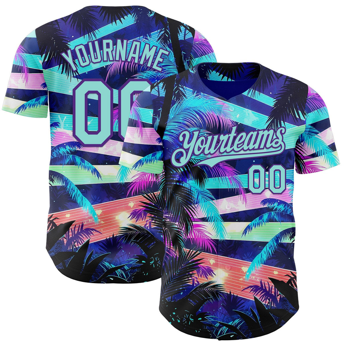 Custom Blue Ice Blue-Purple Cyber Tropical Palm Trees Music Festival Authentic Baseball Jersey