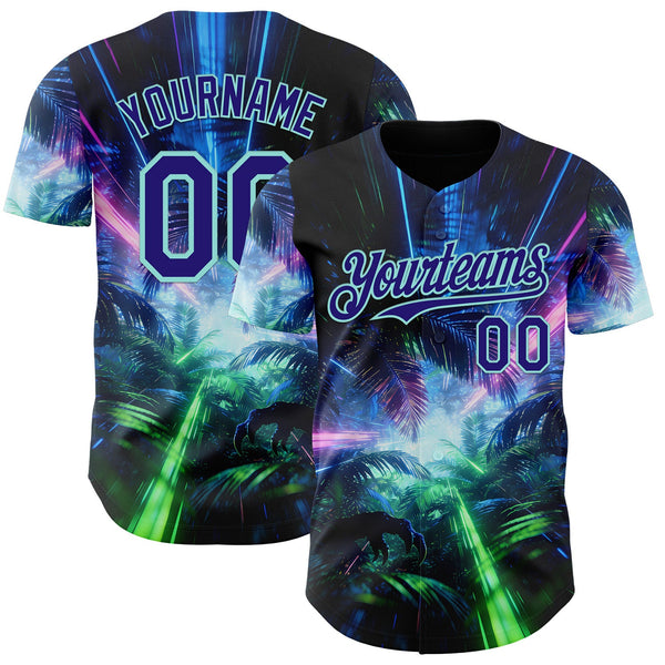 Custom Black Dark Purple-Ice Blue Cyber Tropical Palm Trees Dinosaur Gothic Fantasy Authentic Baseball Jersey