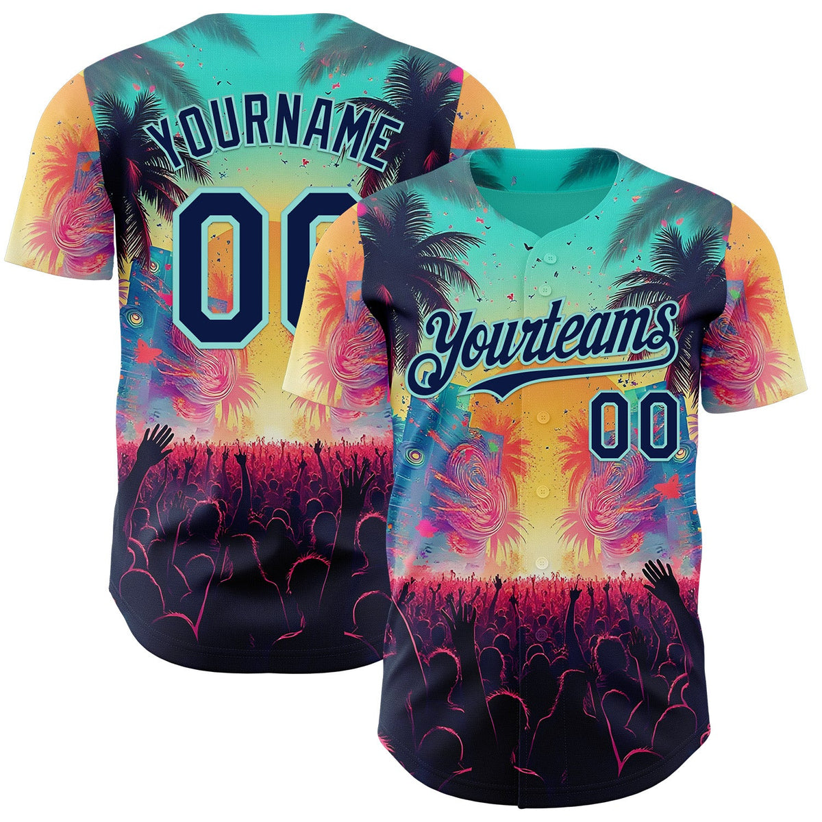 Custom Ice Blue-Navy Cyber Tropical Palm Trees Music Festival Authentic Baseball Jersey
