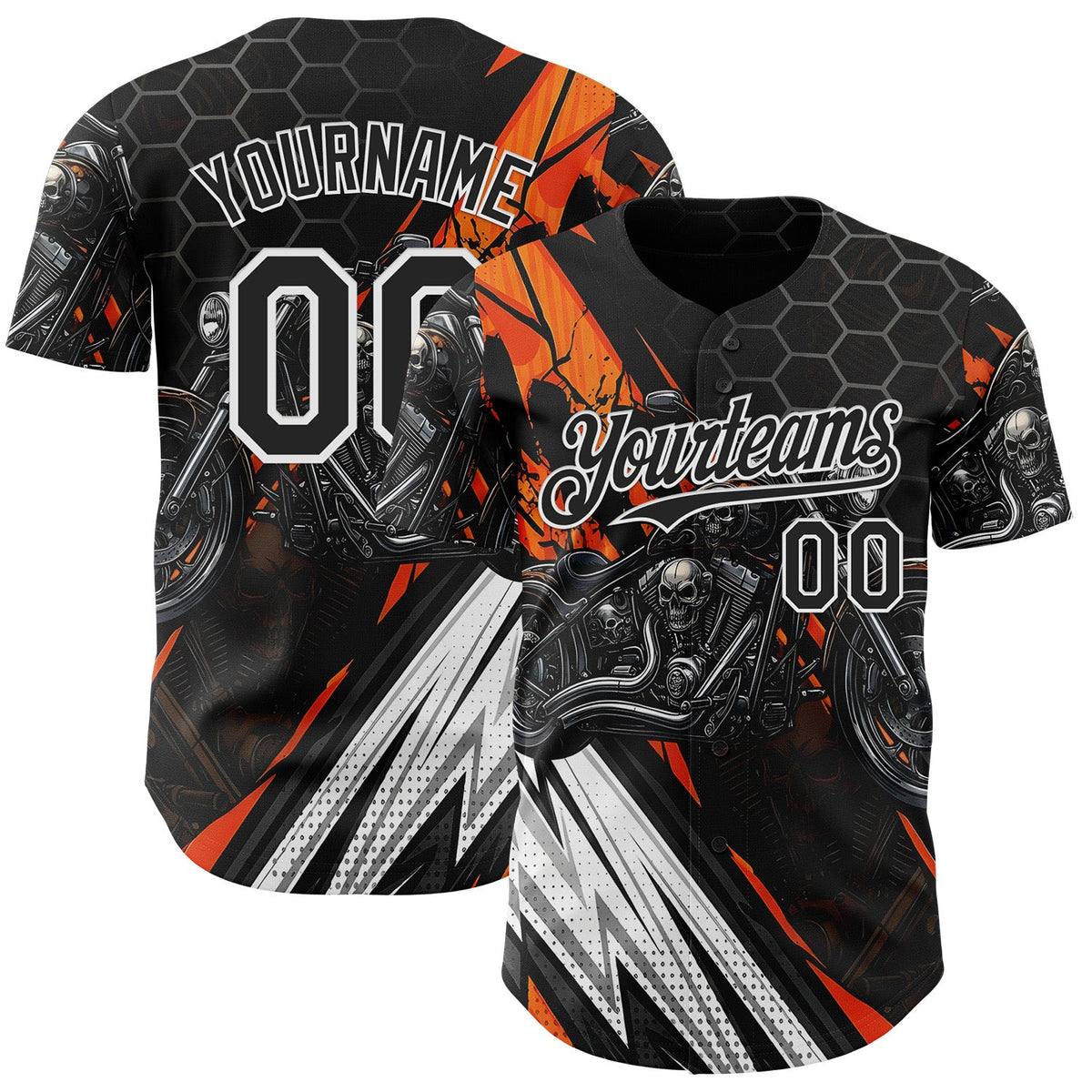 Custom Black Orange Gray-White 3D Pattern Design Motorcycle Motocross Skull Authentic Baseball Jersey