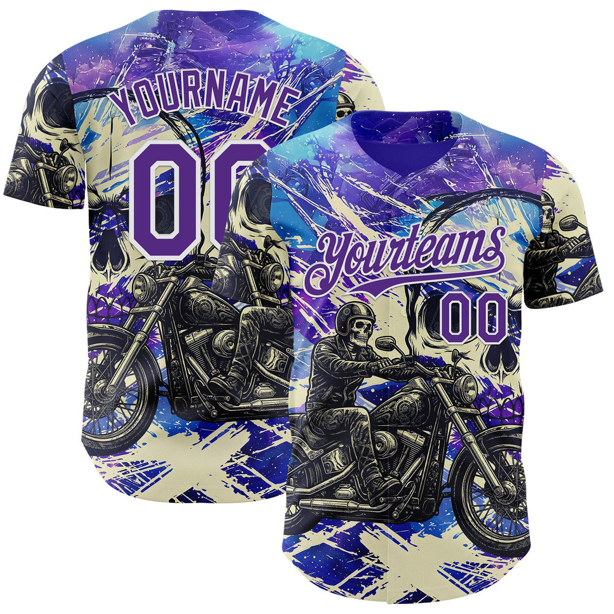 Custom Purple Cream-White 3D Pattern Design Motorcycle Motocross Skull Authentic Baseball Jersey