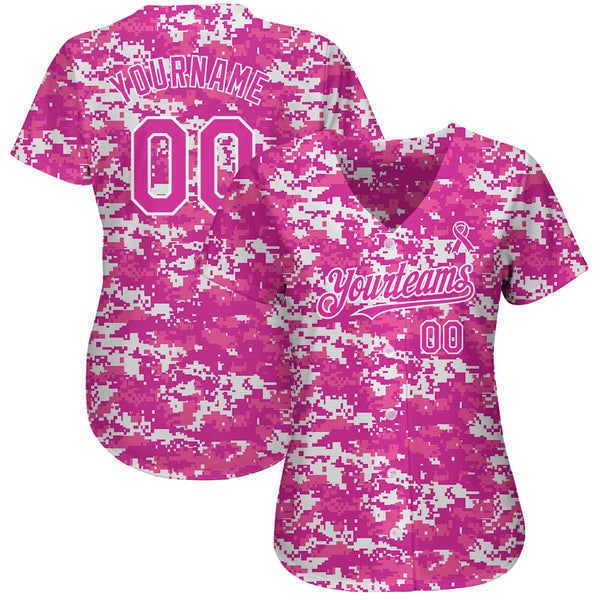 Custom Camo Deep Pink-Black 3D Pink Ribbon Breast Cancer Awareness Month Women Health Care Support Authentic Baseball Jersey alternate