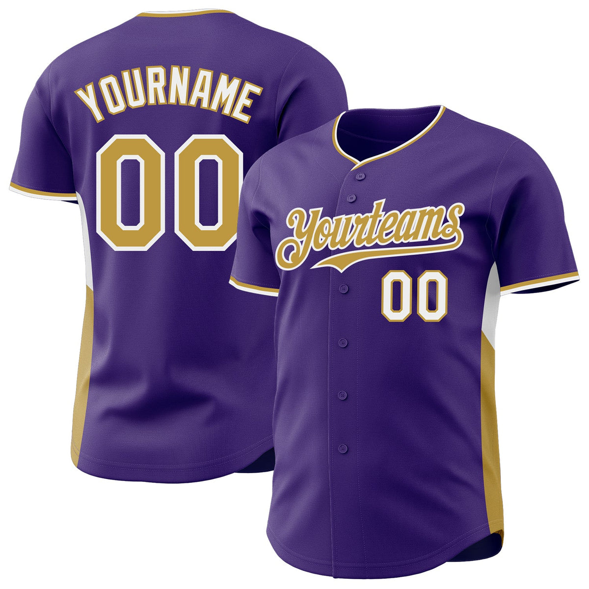 Custom Purple Old Gold-White Classic Color Block Side Panel Stripe Authentic Baseball Jersey