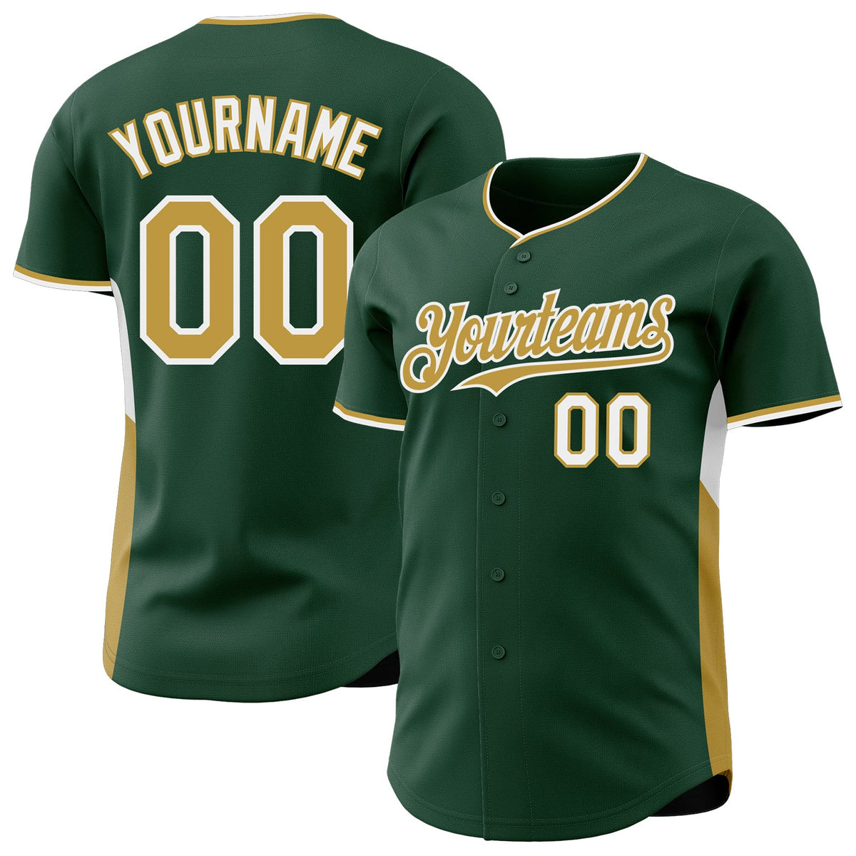 Custom Green Old Gold-White Classic Color Block Side Panel Stripe Authentic Baseball Jersey