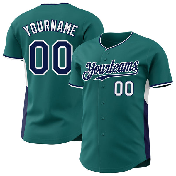 Custom Teal Navy-White Classic Color Block Side Panel Stripe Authentic Baseball Jersey