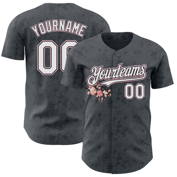Custom Gray White Black-Light Pink Cherry Blossoms Sakura Authentic Baseball Jersey