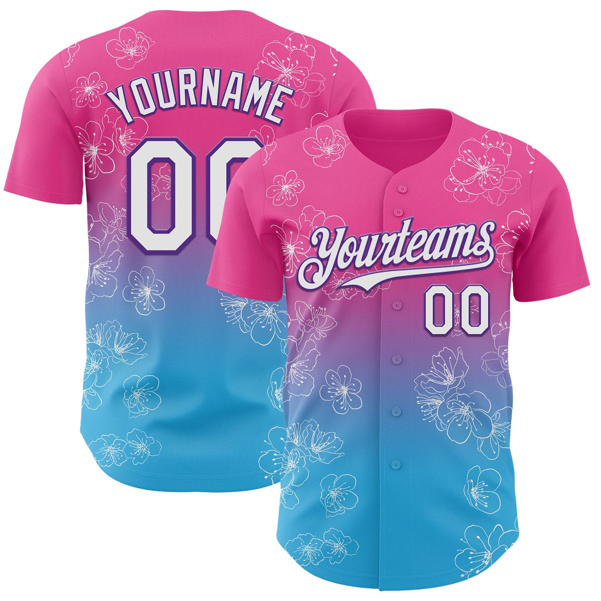 Custom Pink White Sky Blue-Purple Cherry Blossoms Sakura Gradient Authentic Baseball Jersey