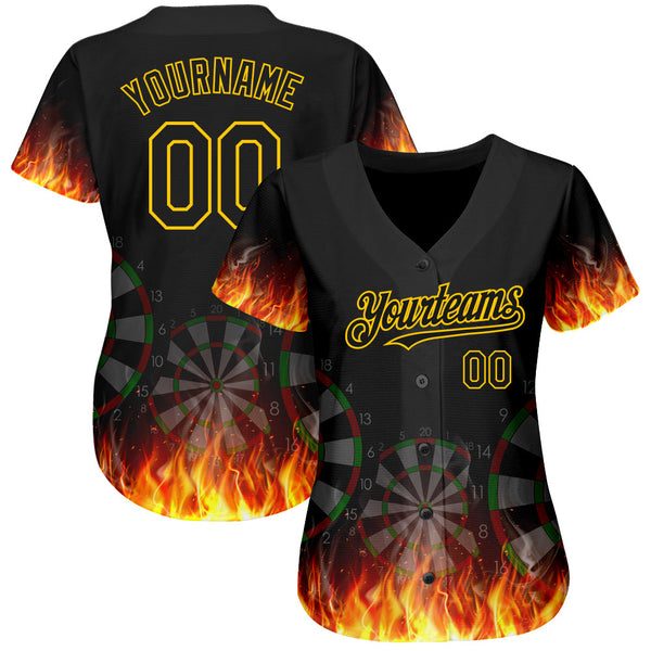 Custom Black Gold 3D Pattern Design Flame Dart Board Authentic Baseball Jersey alternate