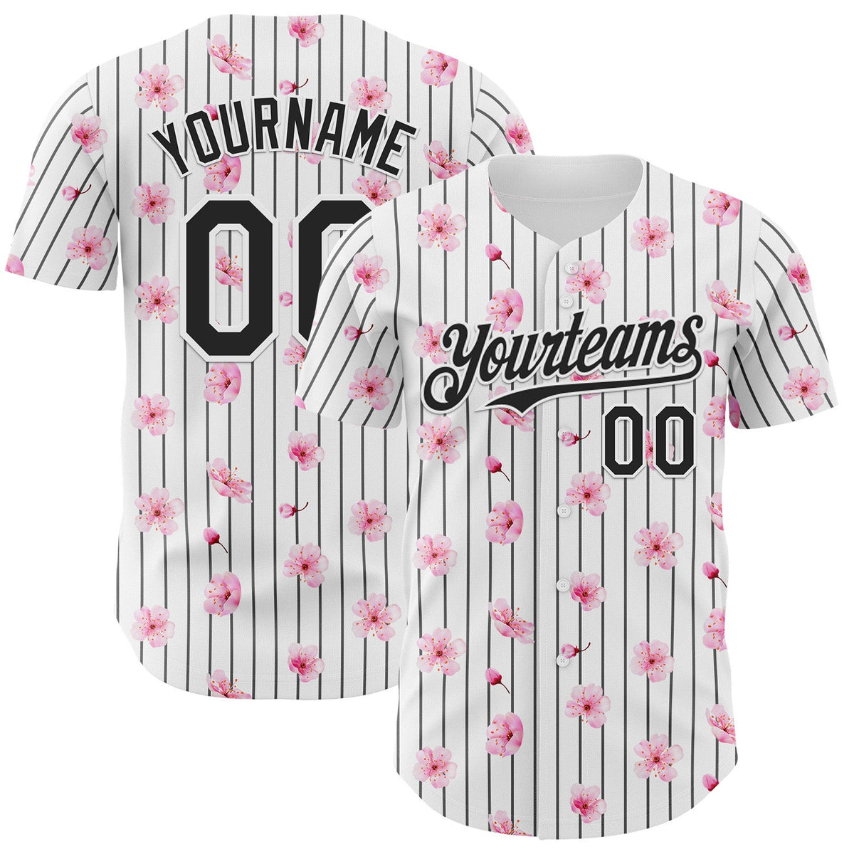 Custom White Pinstripe-Black Cherry Blossoms Sakura Authentic Baseball Jersey