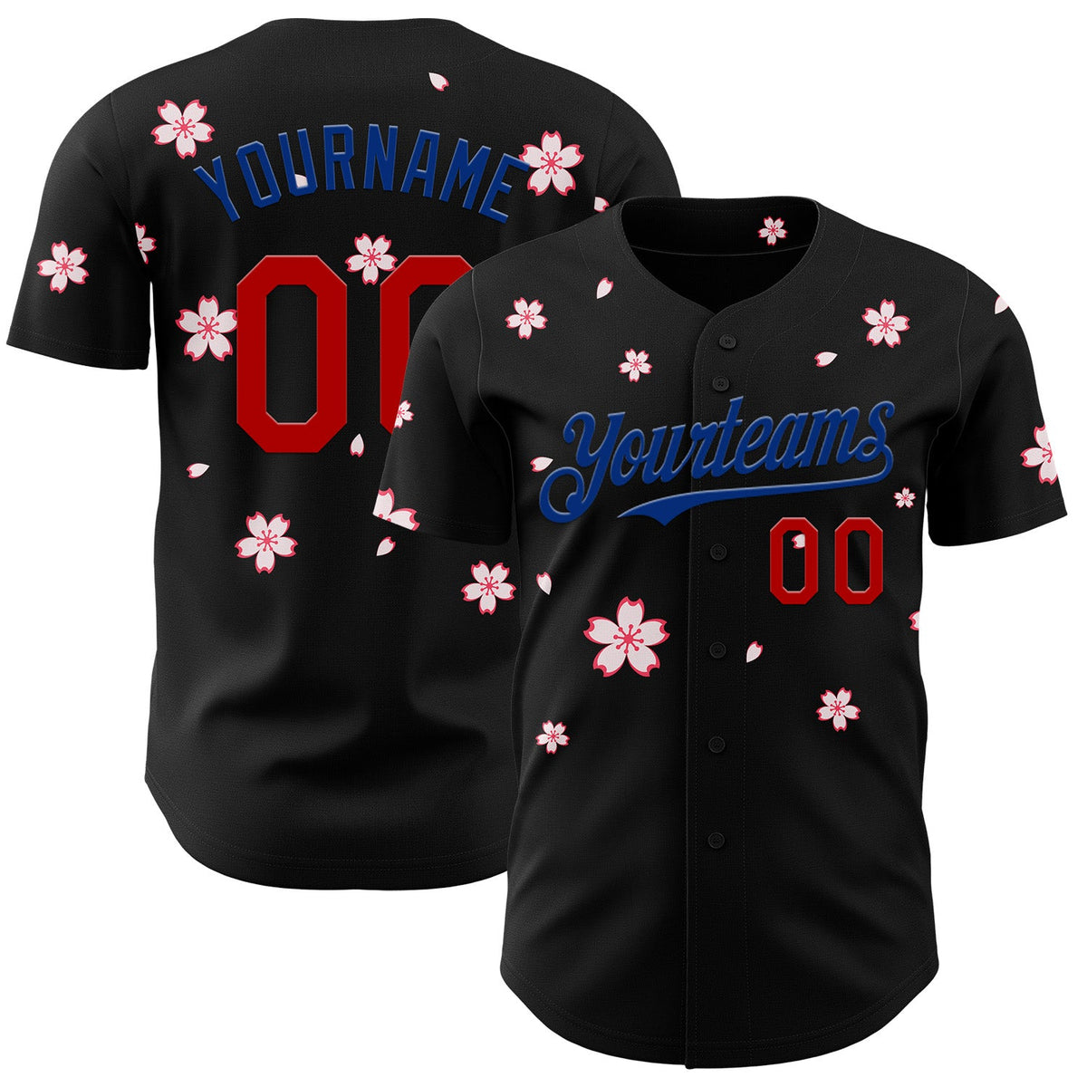 Custom Black Red-Royal Cherry Blossoms Sakura Authentic Baseball Jersey