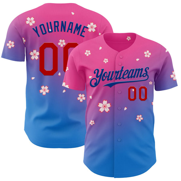 Custom Pink Red-Royal Cherry Blossoms Sakura Gradient Authentic Baseball Jersey
