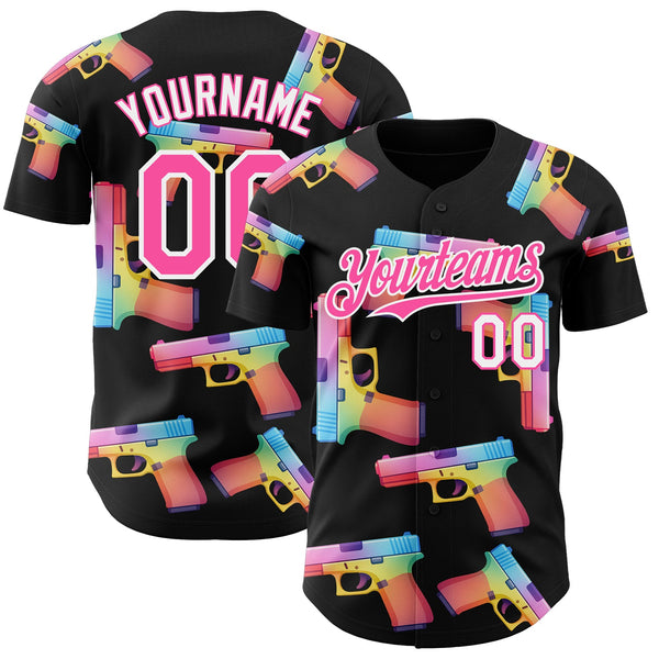 Custom Black Pink-White Colorful Firepower 3D Pattern Design Authentic Baseball Jersey