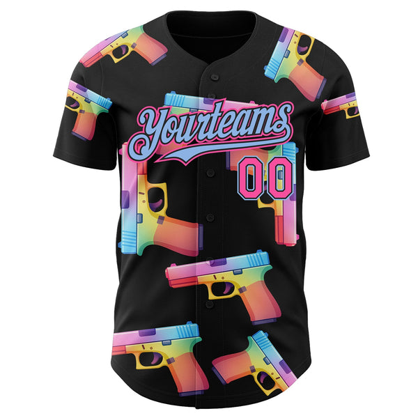 Custom Black Pink-Light Blue Colorful Firepower 3D Pattern Design Authentic Baseball Jersey alternate