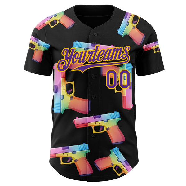 Custom Black Purple-Gold Colorful Firepower 3D Pattern Design Authentic Baseball Jersey alternate