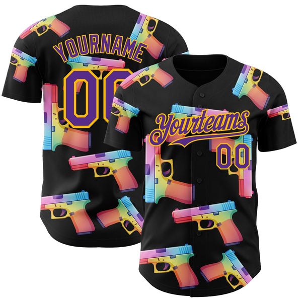 Custom Black Purple-Gold Colorful Firepower 3D Pattern Design Authentic Baseball Jersey