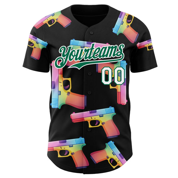 Custom Black Kelly Green-White Colorful Firepower 3D Pattern Design Authentic Baseball Jersey alternate