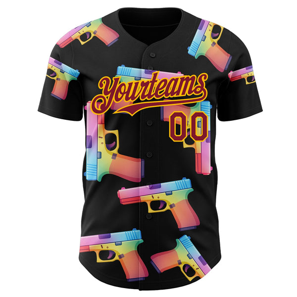 Custom Black Crimson-Gold Colorful Firepower 3D Pattern Design Authentic Baseball Jersey alternate
