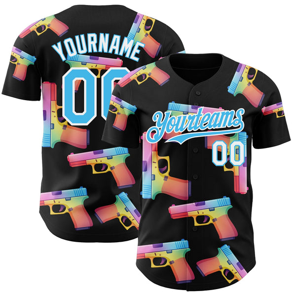Custom Black Sky Blue-White Colorful Firepower 3D Pattern Design Authentic Baseball Jersey