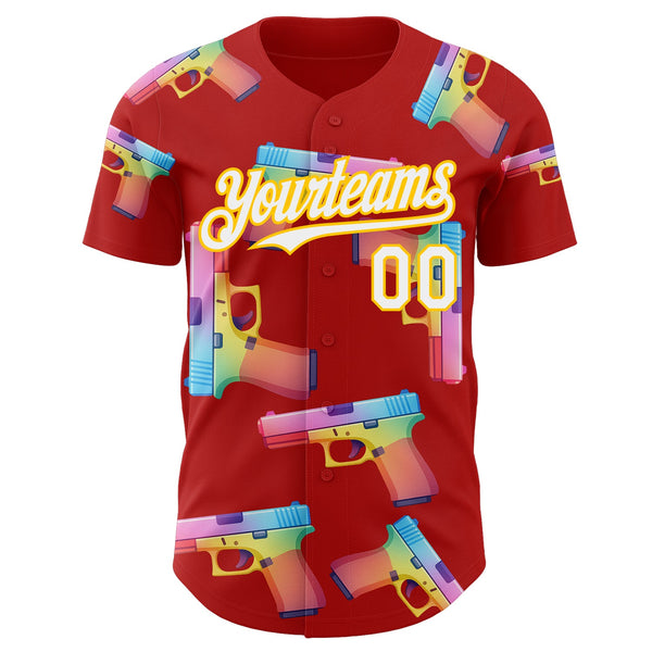 Custom Red White-Yellow Colorful Firepower 3D Pattern Design Authentic Baseball Jersey alternate