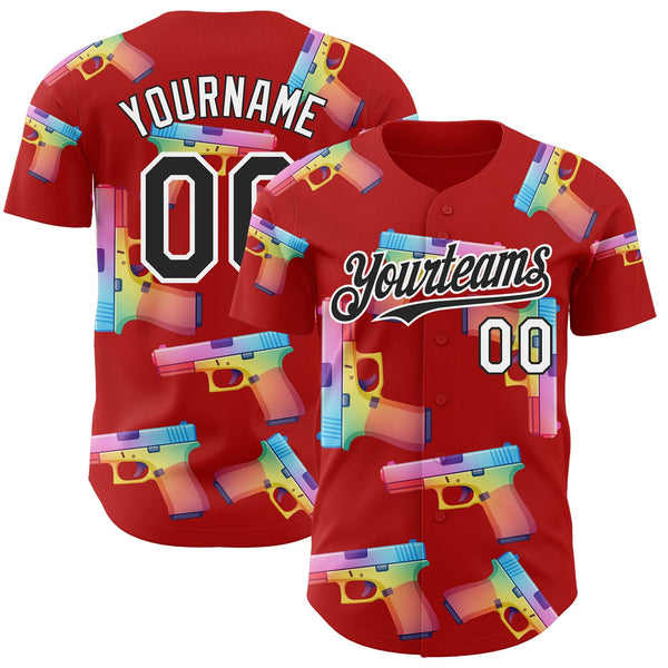 Custom Red Black-White Colorful Firepower 3D Pattern Design Authentic Baseball Jersey