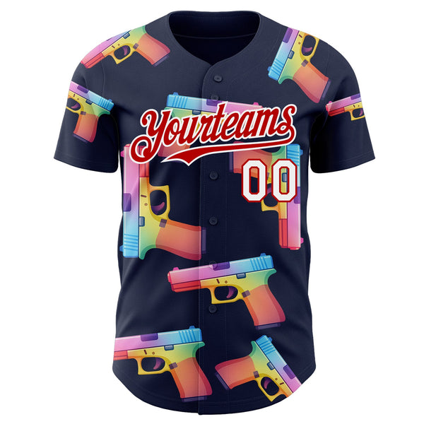 Custom Navy Red-White Colorful Firepower 3D Pattern Design Authentic Baseball Jersey alternate