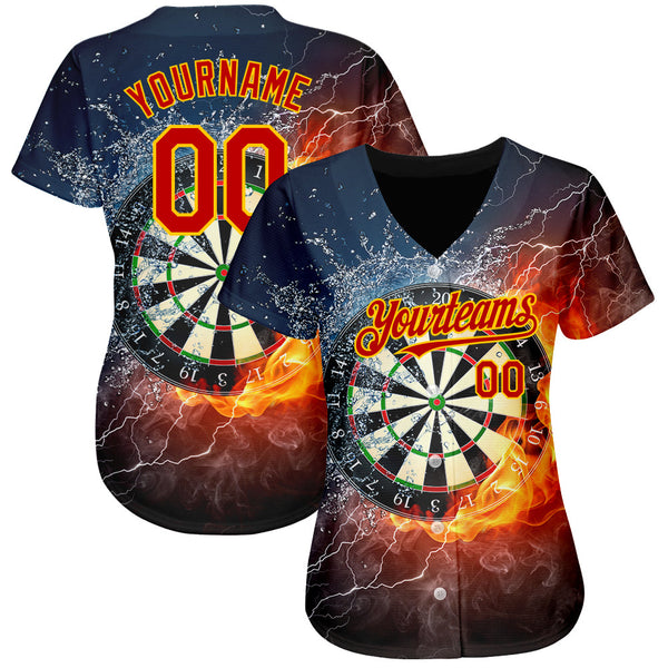Custom Black Red-Gold 3D Pattern Design Flame Dart Board Authentic Baseball Jersey alternate