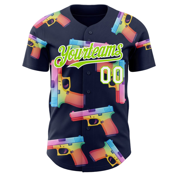 Custom Navy Neon Green-White Colorful Firepower 3D Pattern Design Authentic Baseball Jersey alternate