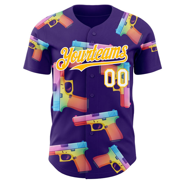 Custom Purple Gold-White Colorful Firepower 3D Pattern Design Authentic Baseball Jersey alternate