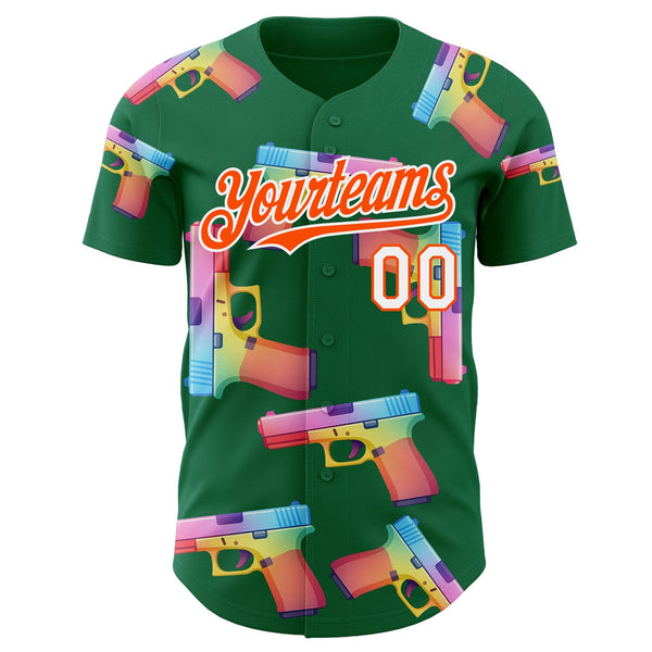 Custom Kelly Green Orange-White Colorful Firepower 3D Pattern Design Authentic Baseball Jersey alternate
