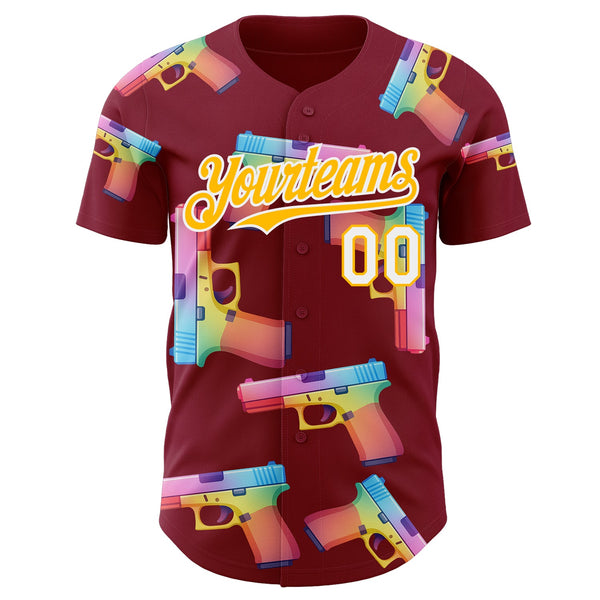 Custom Crimson Gold-White Colorful Firepower 3D Pattern Design Authentic Baseball Jersey alternate