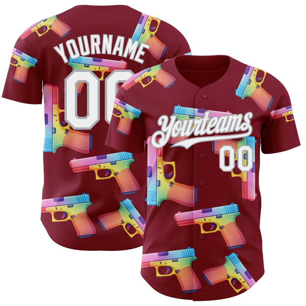 Custom Crimson White-Gray Colorful Firepower 3D Pattern Design Authentic Baseball Jersey