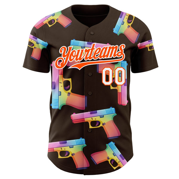 Custom Brown Orange-White Colorful Firepower 3D Pattern Design Authentic Baseball Jersey alternate