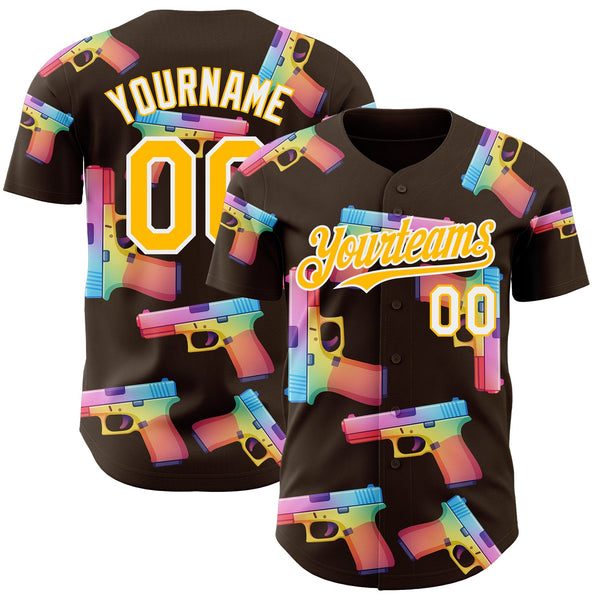 Custom Brown Gold-White Colorful Firepower 3D Pattern Design Authentic Baseball Jersey