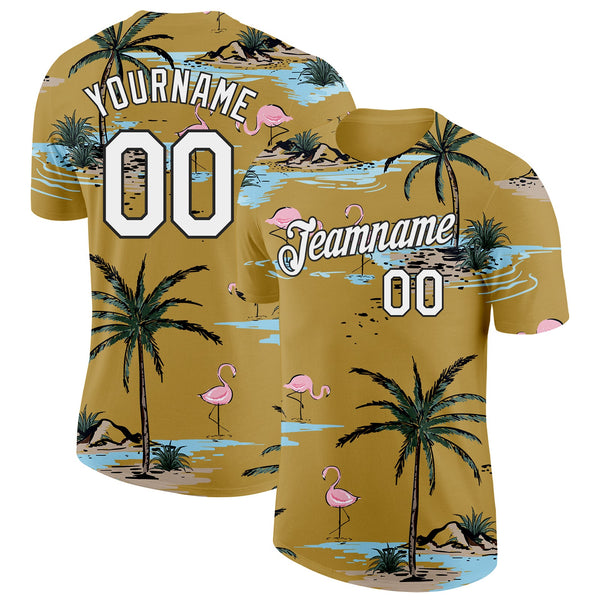 Custom Old Gold White-Black Tropical Hawaii Palm Trees Summer Beach Flamingo Performance T-Shirt