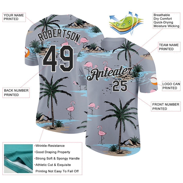 Custom Gray Black-White Tropical Hawaii Palm Trees Summer Beach Flamingo Performance T-Shirt alternate