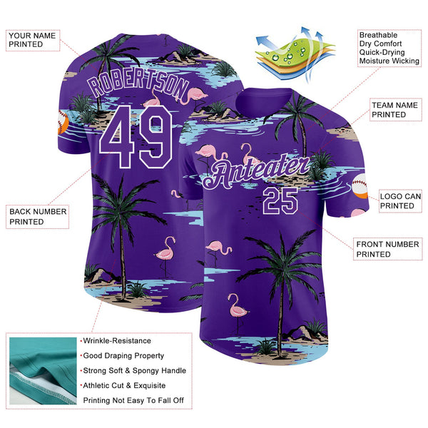 Custom Purple-White Tropical Hawaii Palm Trees Summer Beach Flamingo Performance T-Shirt alternate