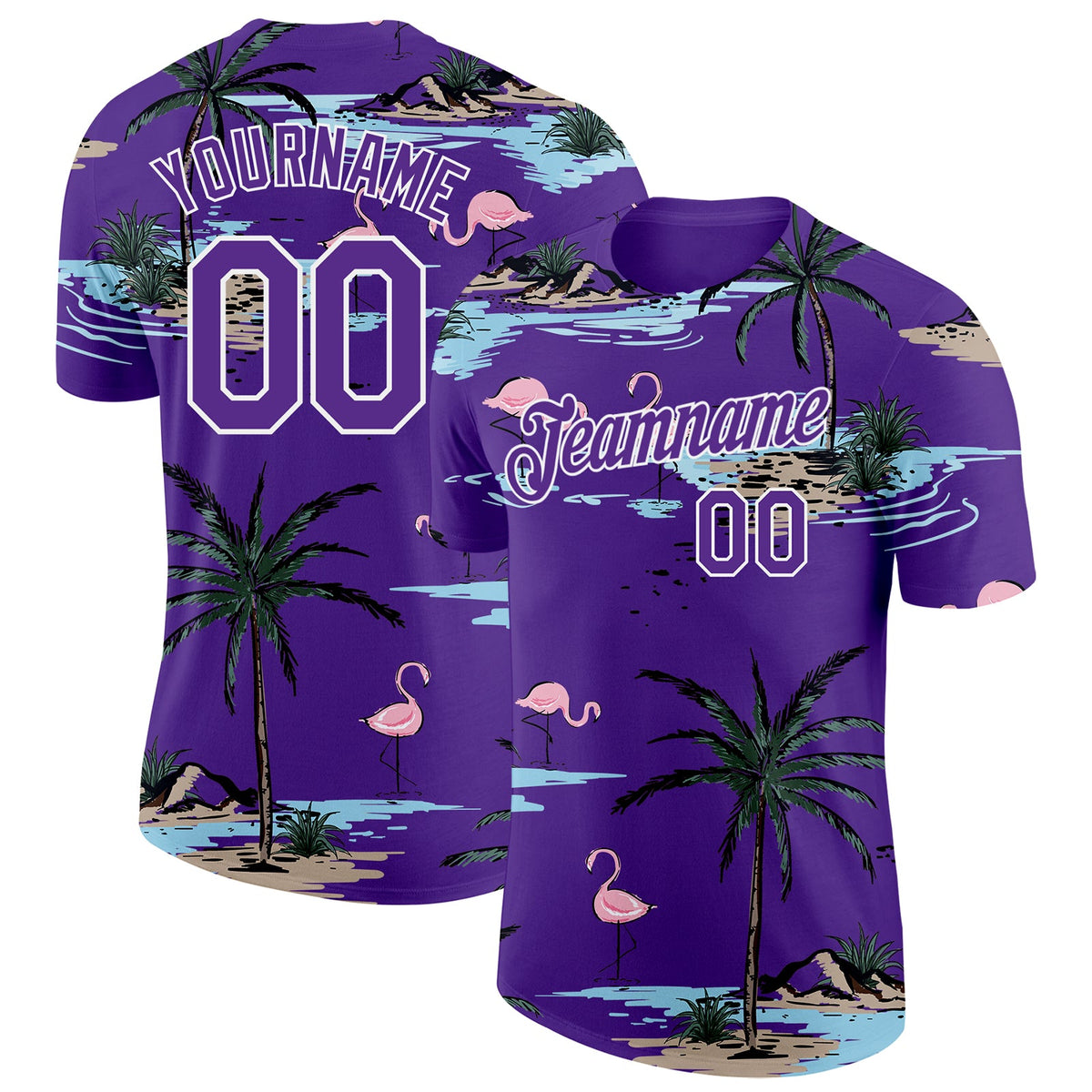 Custom Purple-White Tropical Hawaii Palm Trees Summer Beach Flamingo Performance T-Shirt
