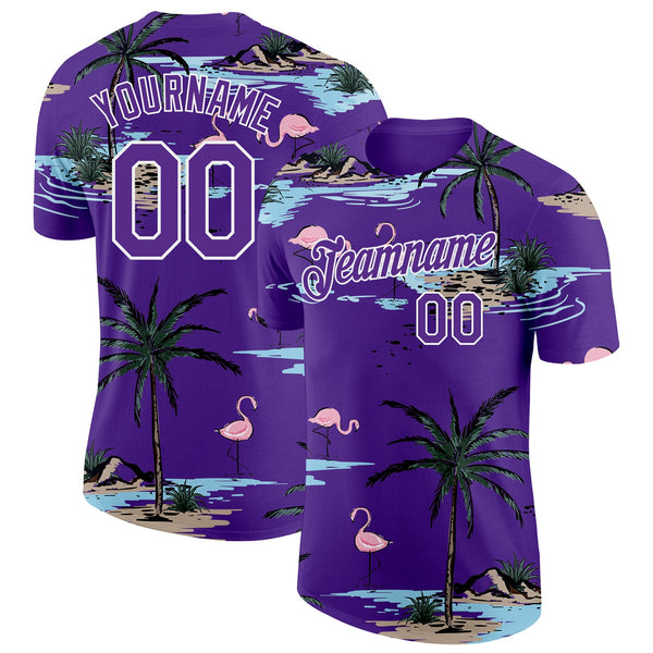 Custom Purple-White Tropical Hawaii Palm Trees Summer Beach Flamingo Performance T-Shirt