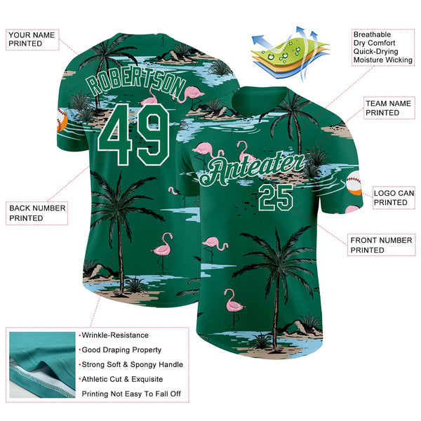 Custom Kelly Green-White Tropical Hawaii Palm Trees Summer Beach Flamingo Performance T-Shirt alternate