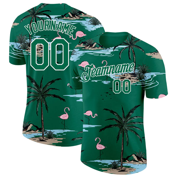 Custom Kelly Green-White Tropical Hawaii Palm Trees Summer Beach Flamingo Performance T-Shirt