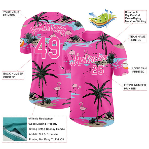 Custom Pink-Black Tropical Hawaii Palm Trees Summer Beach Flamingo Performance T-Shirt alternate