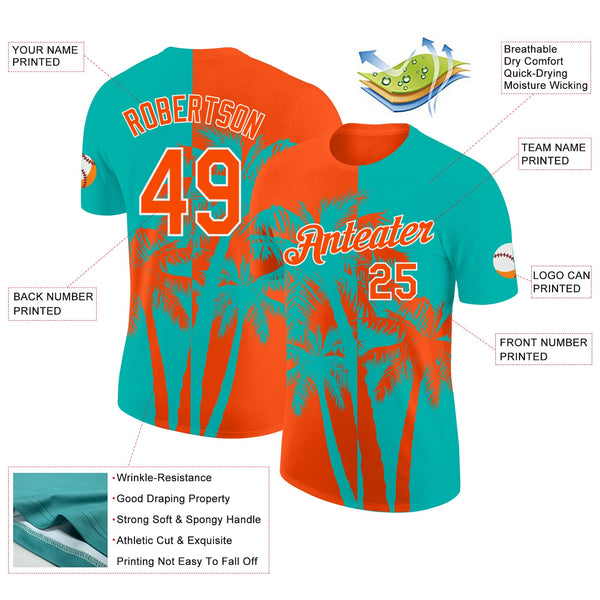 Custom Aqua Orange-White Hawaii Tropical Coastal Palm Trees Performance T-Shirt alternate
