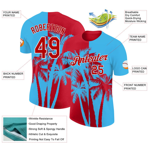 Custom Sky Blue Red-White Hawaii Tropical Coastal Palm Trees Performance T-Shirt alternate