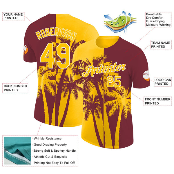 Custom Burgundy Yellow-White Hawaii Tropical Coastal Palm Trees Performance T-Shirt alternate