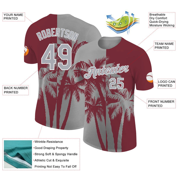 Custom Burgundy Gray-White Hawaii Tropical Coastal Palm Trees Performance T-Shirt alternate