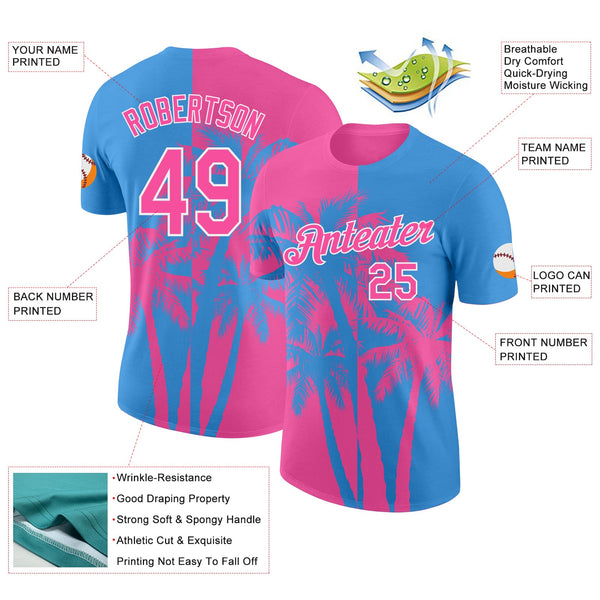 Custom Powder Blue Pink-White Hawaii Tropical Coastal Palm Trees Performance T-Shirt alternate